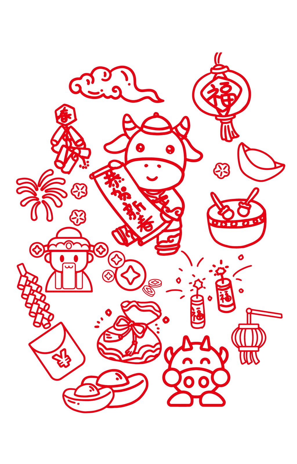 牛年新年手账手绘线稿元素素材