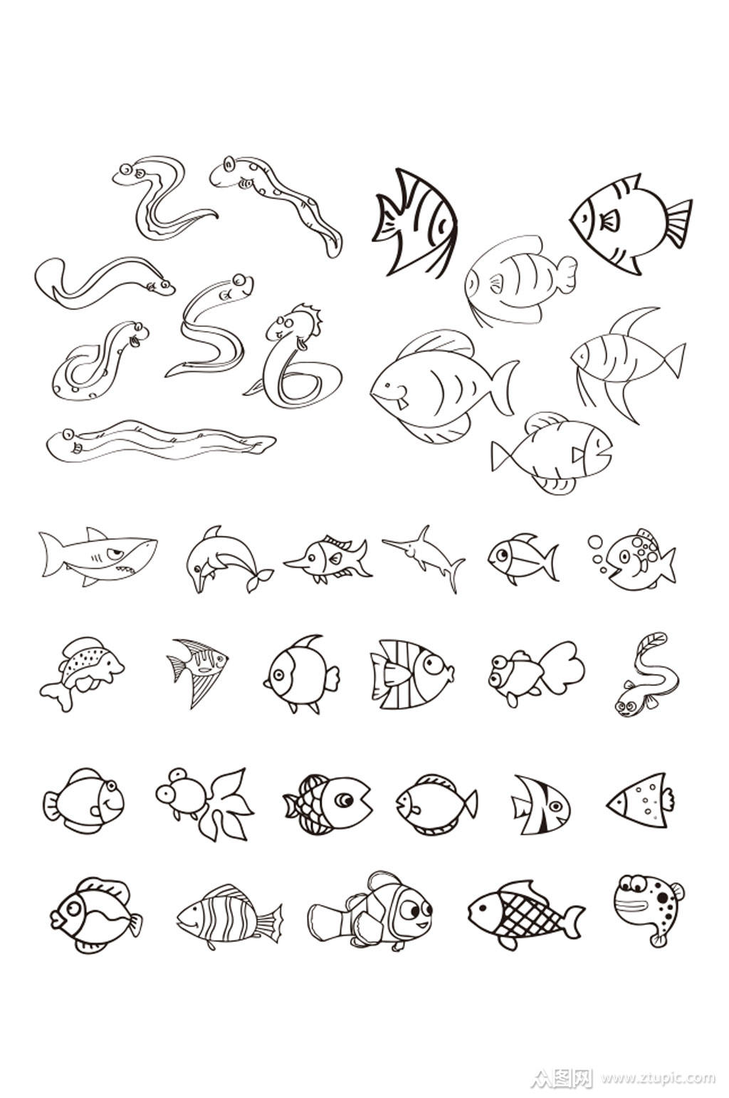 海洋生物简笔画模板素材