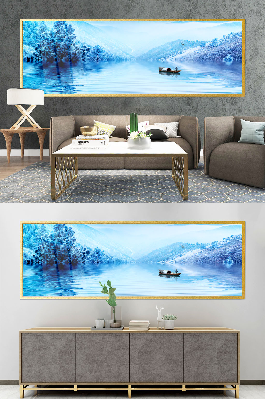蓝色山水中式装饰画素材