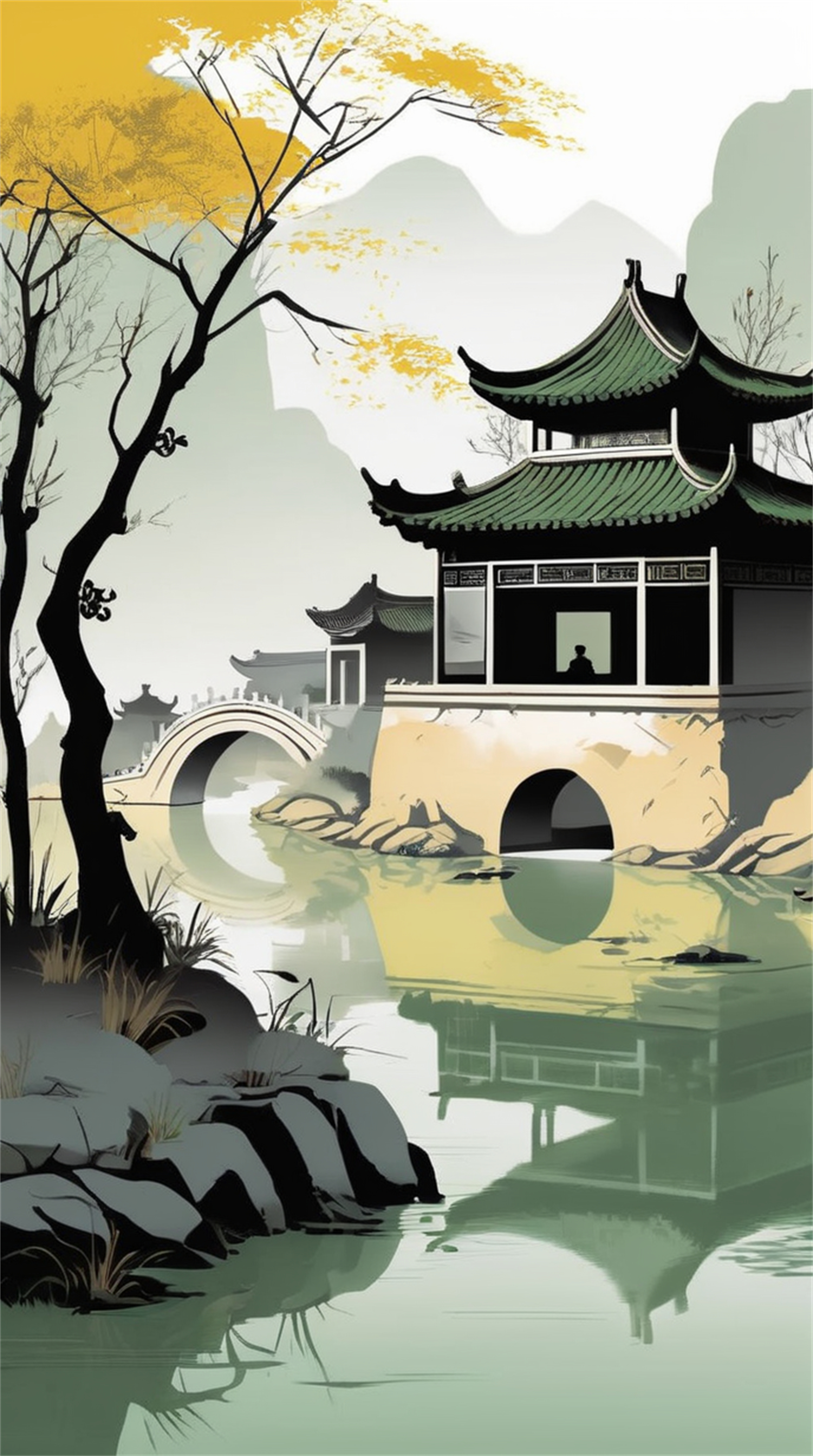 数字艺术手绘山水楼台国画素材