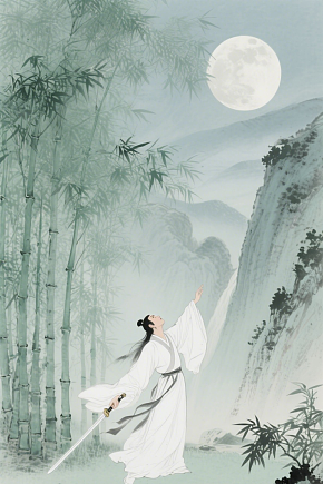 创意人物水墨画图片举头望明月水墨画素材下载-众图网