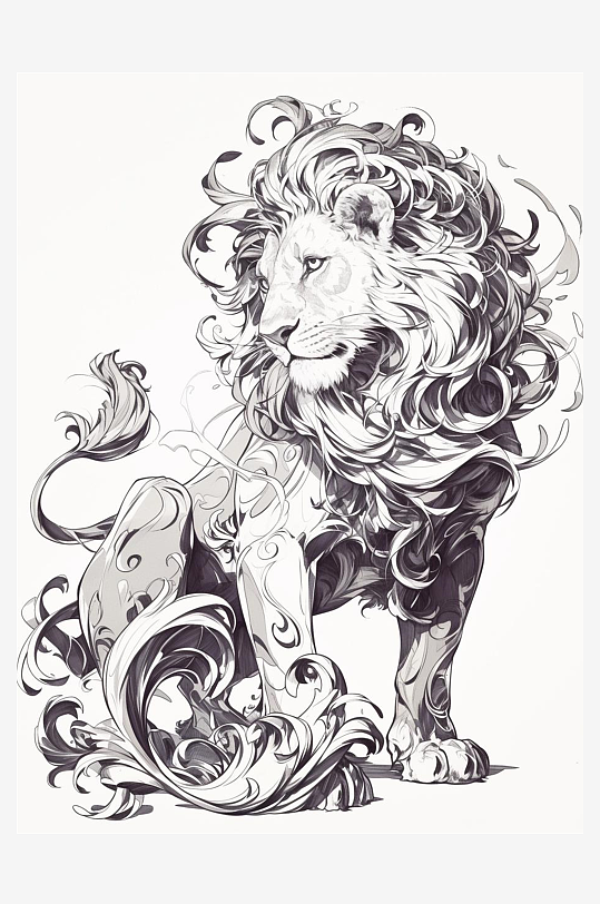 数字艺术手绘狮子插画线稿填色素材