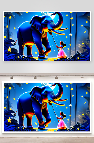 数字艺术骑大象的少女插画手机壁纸