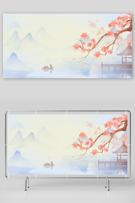 唯美春天古风桃花手绘山水墨画插画背景古风