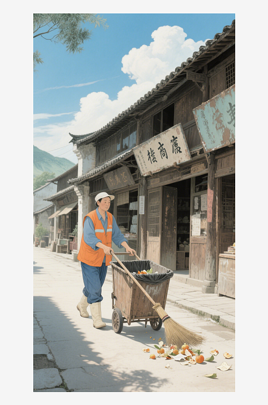 國(guó)風(fēng)手繪環(huán)衛(wèi)工人工作場(chǎng)景手繪場(chǎng)景