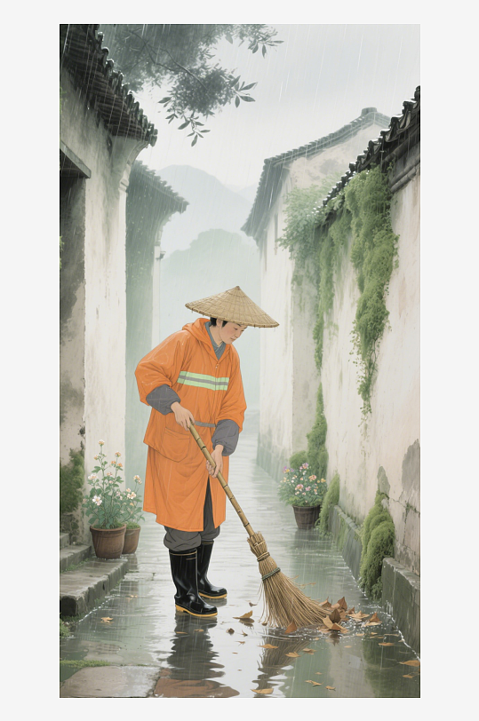 國(guó)風(fēng)手繪環(huán)衛(wèi)工人工作場(chǎng)景手繪場(chǎng)景