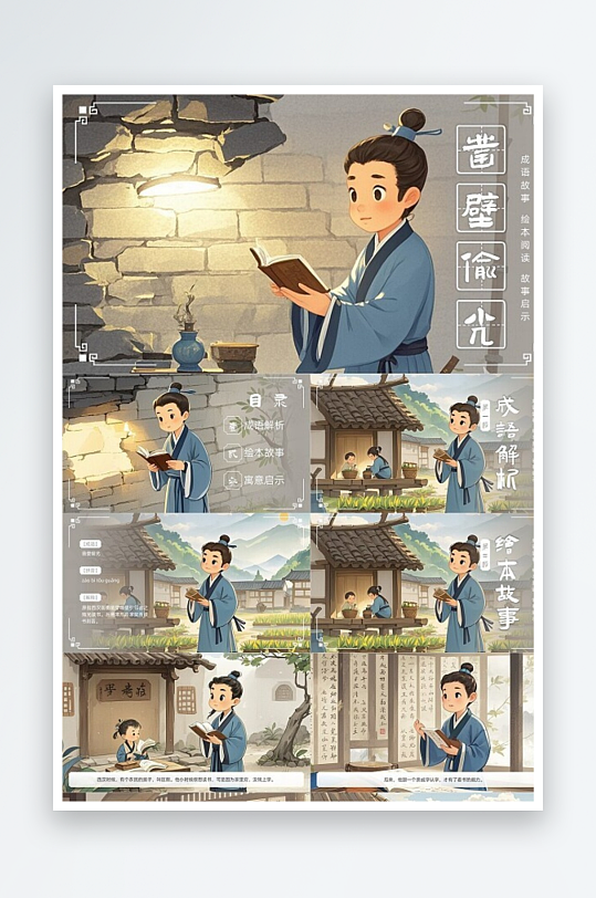 棕色古风凿壁偷光儿童绘本故事PPT寓言故-众图网