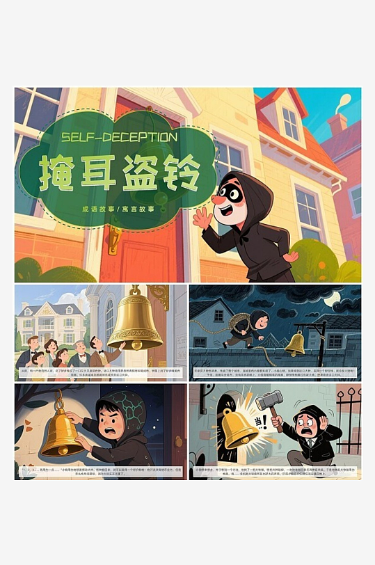 绿色卡通掩耳盗铃成语故事寓言故事儿童故事