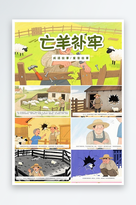 绿色卡通亡羊补牢成语故事寓言故事儿童故事