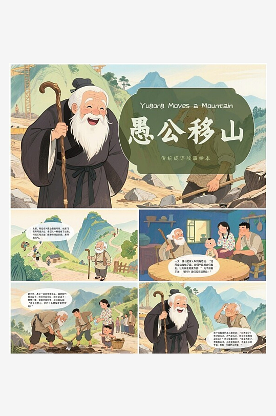 绿色卡通成语故事绘本愚公移山儿童故事绘本-众图网