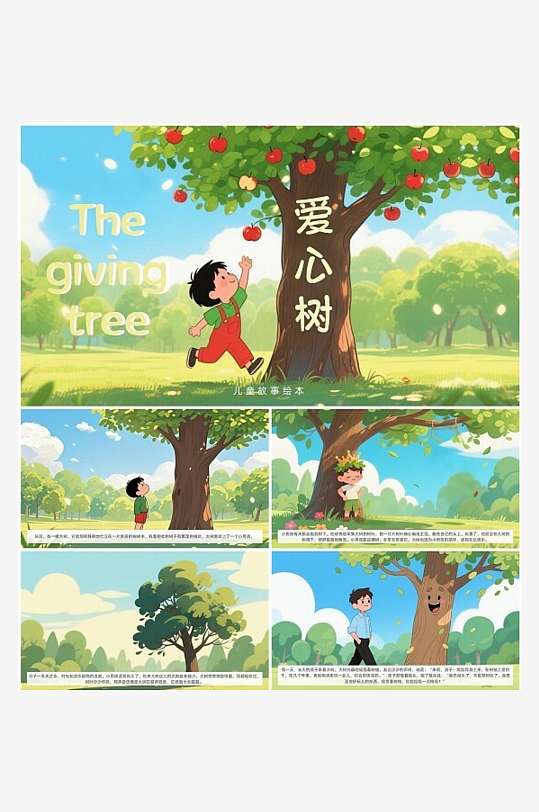 绿色卡通爱心树儿童故事绘本PPT模板