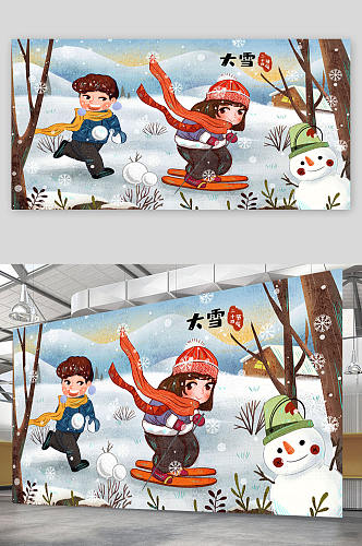 雪人卡通大雪节气海报