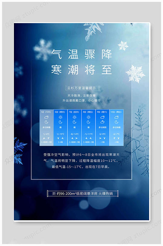 大气蓝色降温预警海报