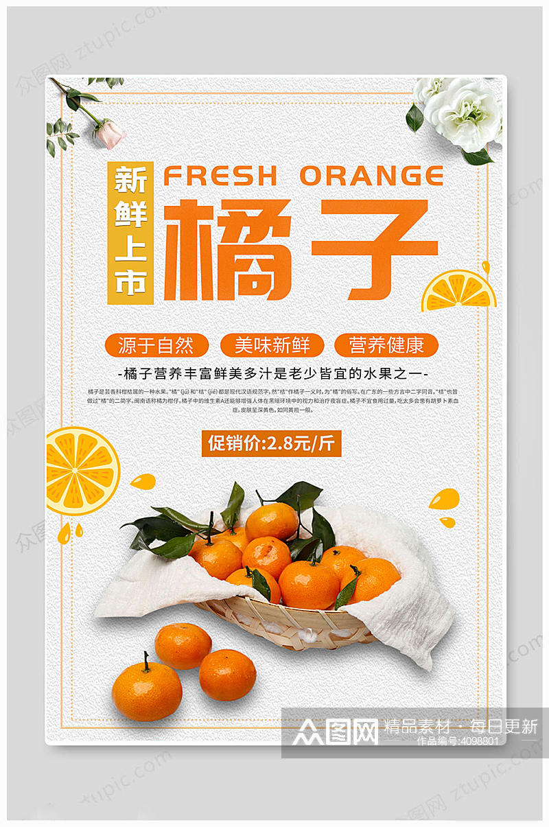 白色新鲜水果橘子上市海报素材