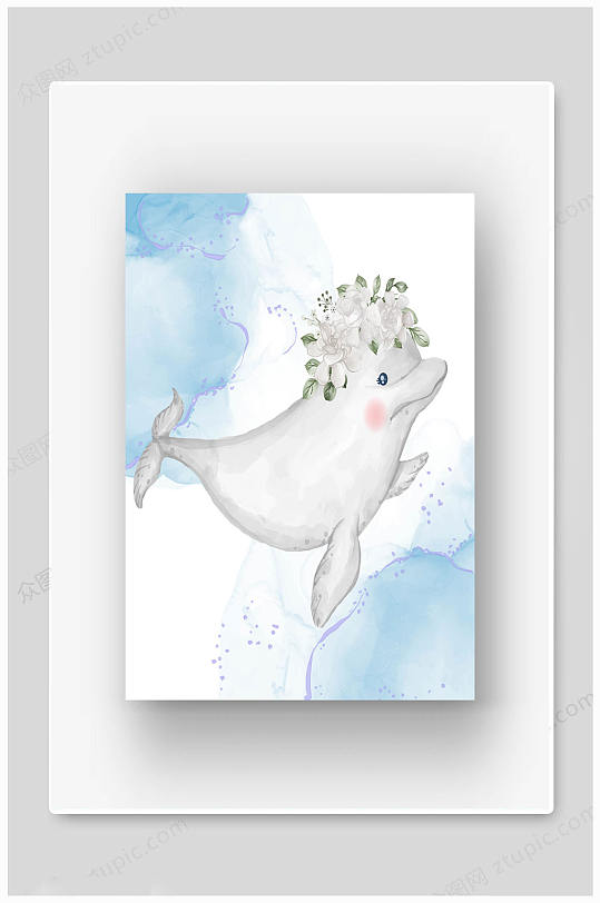 蓝白可爱海洋动物插图