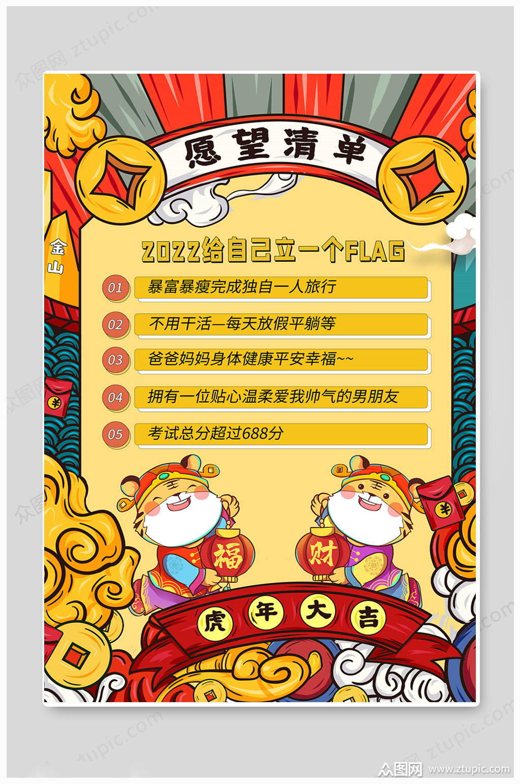 黄色虎年2022新年愿望清单海报素材