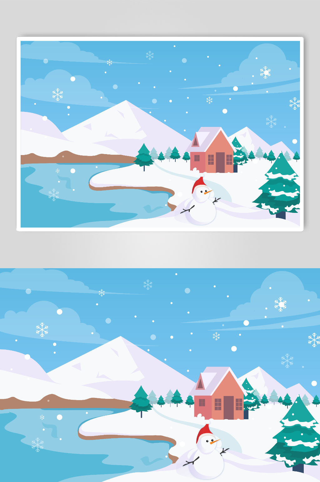 房子冰河雪人季雪景AI矢量插画素材