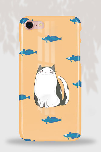 10卡通一只想吃鱼的猫橙黄色少女手机壳