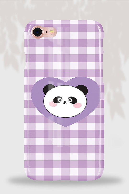122小清新紫色格子卡通可爱熊猫手机壳