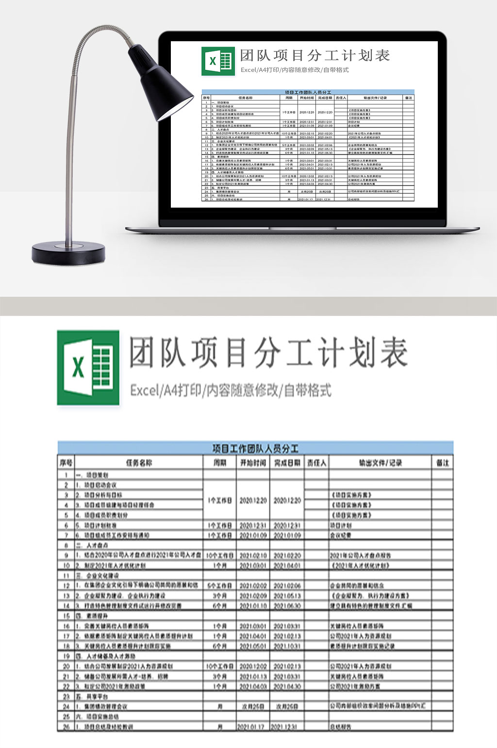 团队项目工作分工计划表Exce素材