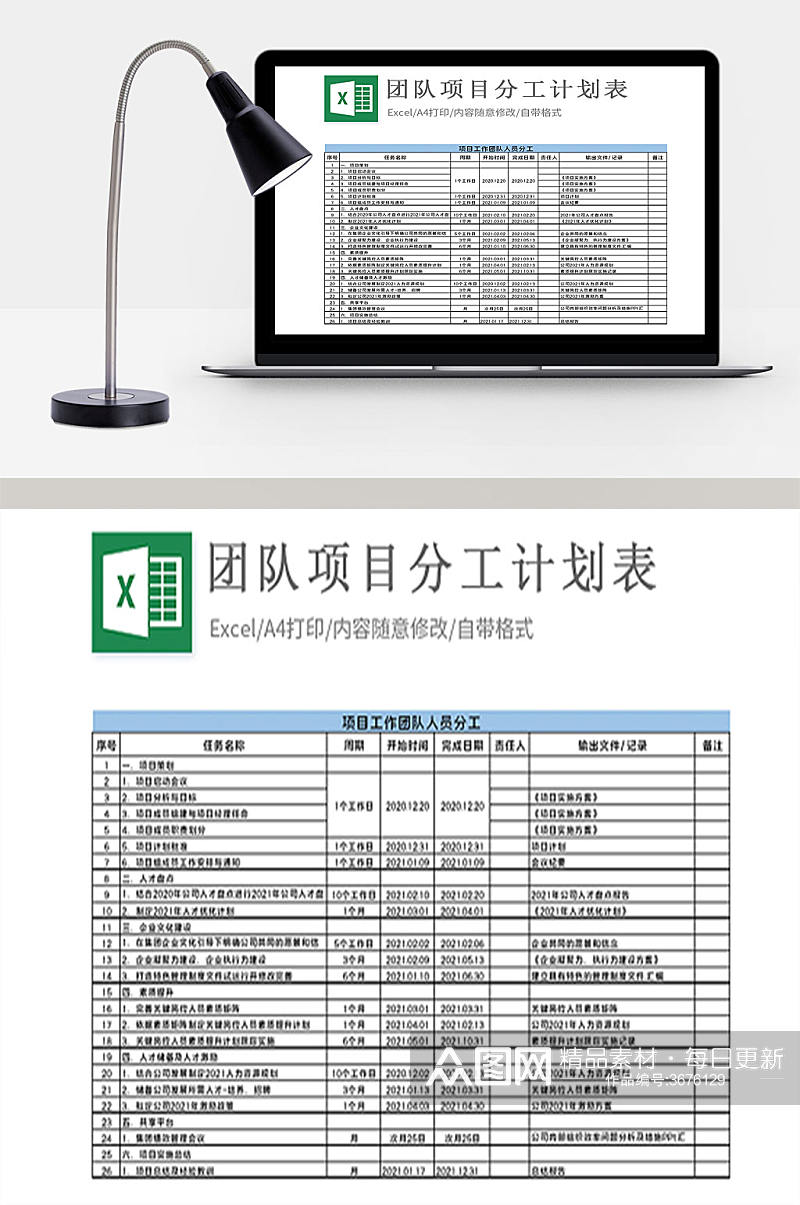 团队项目工作分工计划表Exce素材