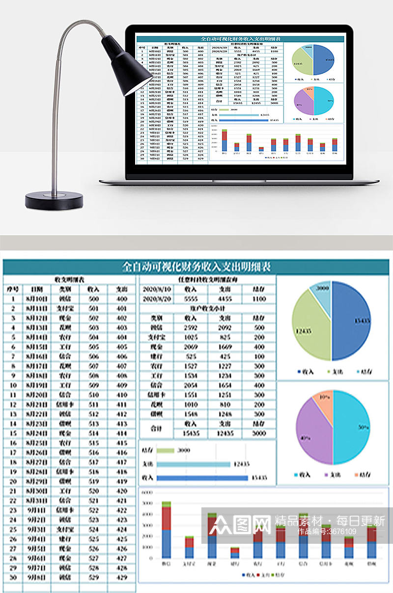 全自动可视化财务收入支出明细表素材
