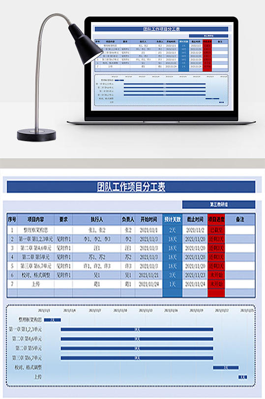 蓝色简约团队工作项目分工表EXCEL模板