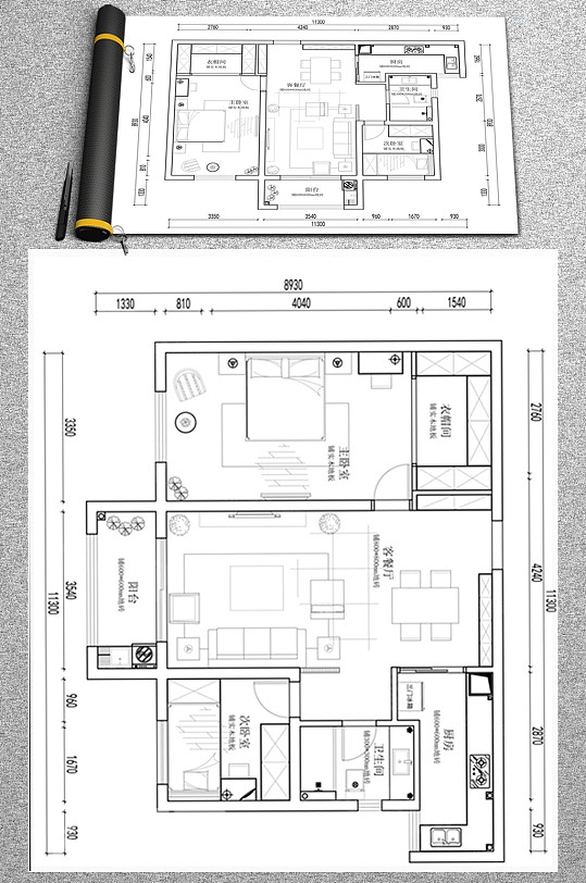 CAD两室一厅户型方案-众图网