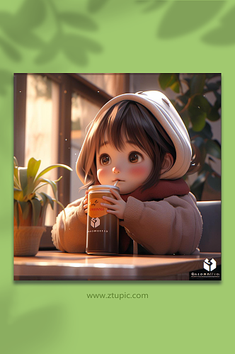 数字艺术儿童喝奶茶图片
