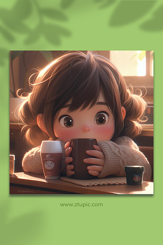 数字艺术儿童喝奶茶图片