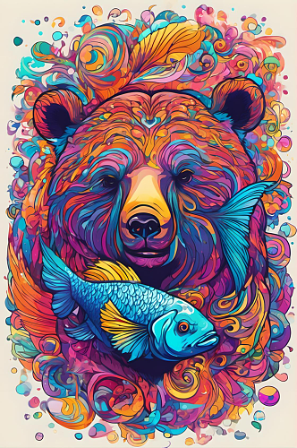 数码艺术炫彩鱼和熊掌装饰画