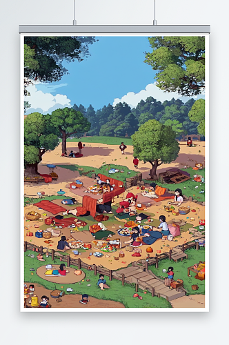 数字艺术露营野餐插画