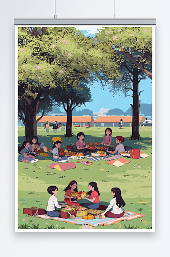 数字艺术露营野餐插画