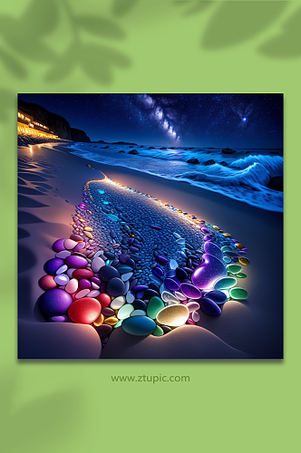 数字艺术超现实夜光石头大海摄影图