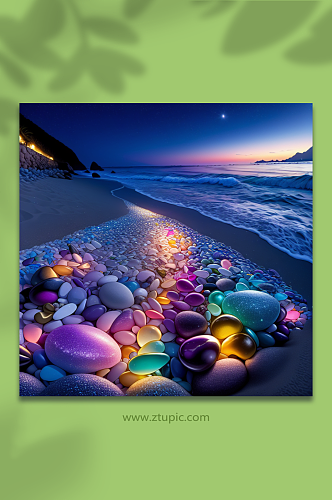 数字艺术超现实夜光石头大海摄影图