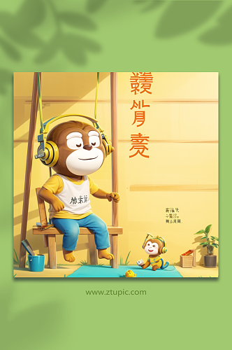 数字艺术卡通动物听音乐猴插画