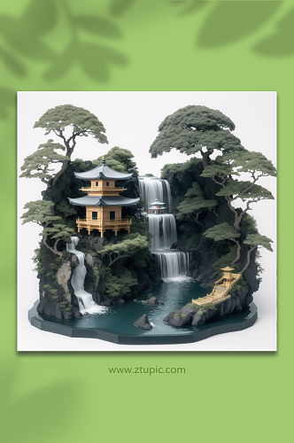 数字艺术中国风亭子雕刻模型