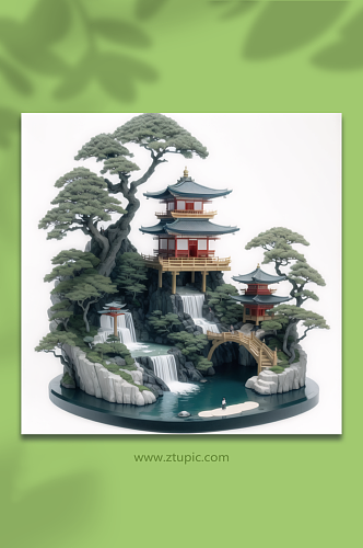 数字艺术中国风亭子雕刻模型