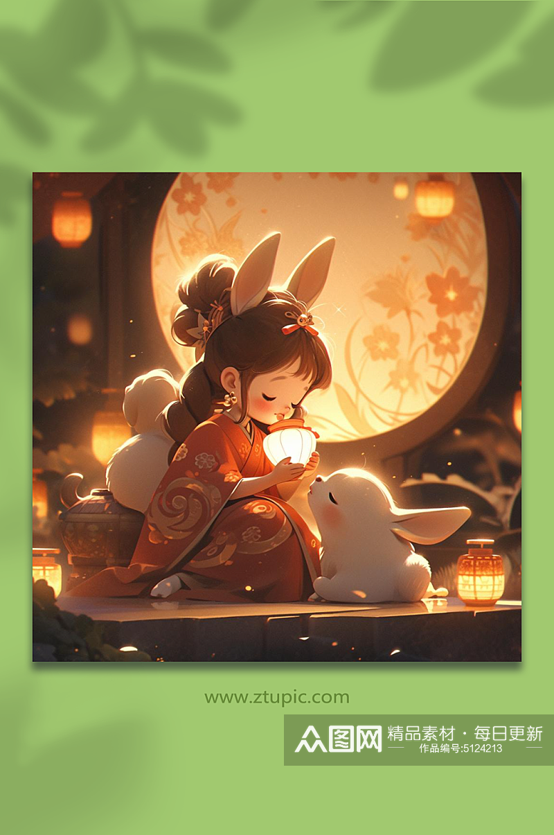 数字艺术中秋节可爱玉兔插画素材