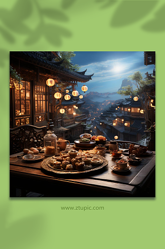 数字艺术中秋节中式场景图片