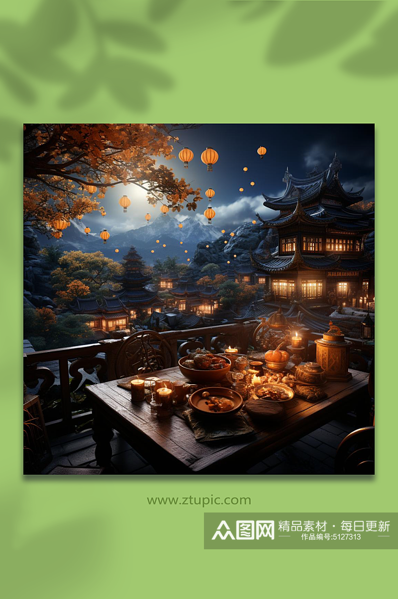 数字艺术中秋节中式场景图片素材