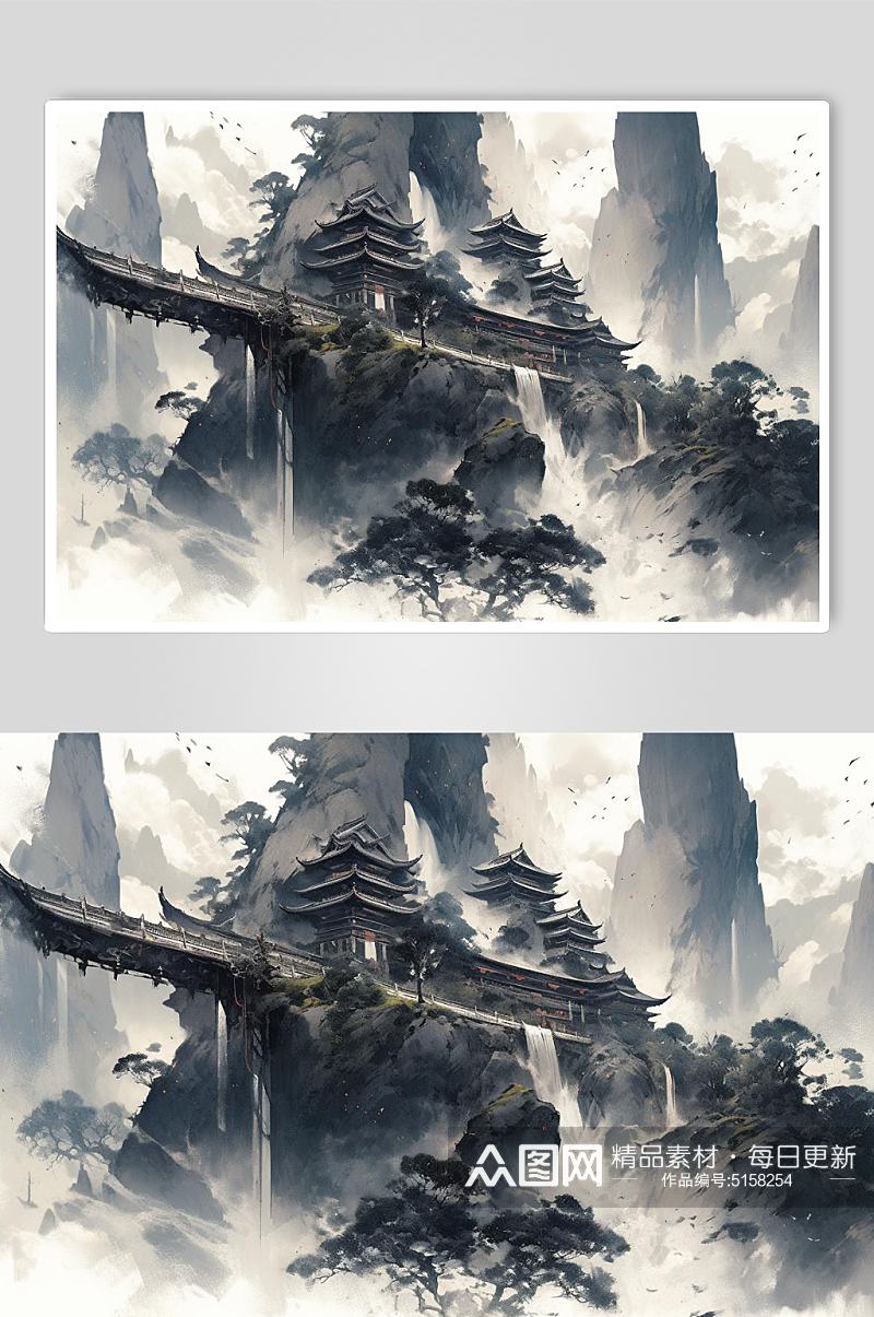 数字艺术黑白水墨风景插画素材