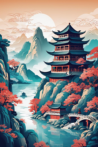 数字艺术寺庙风景