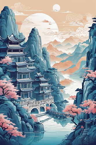 数字艺术寺庙风景