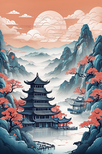 数字艺术寺庙风景