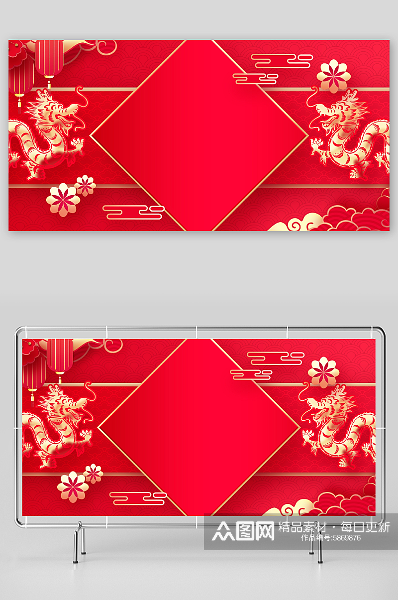 红色剪纸风2024龙年新年春节贺卡背景素材