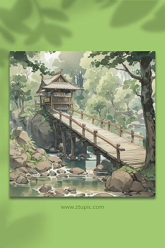 数字艺术中国风水彩桥图片