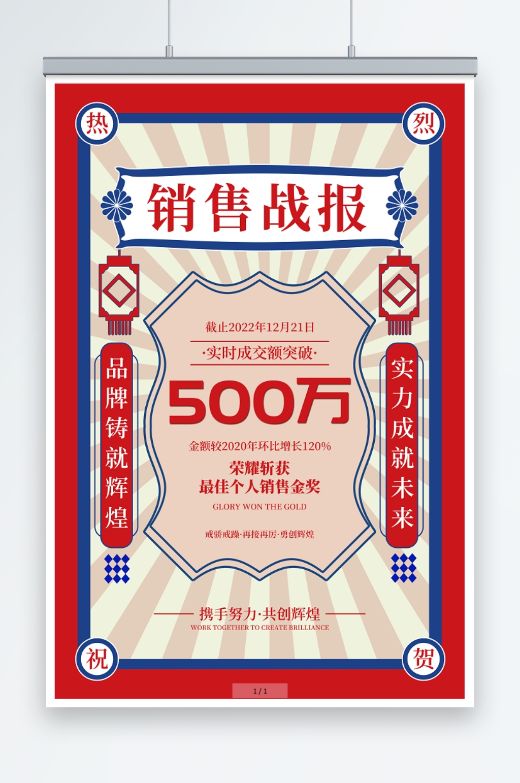 红蓝复古国潮风销售额喜报海报素材