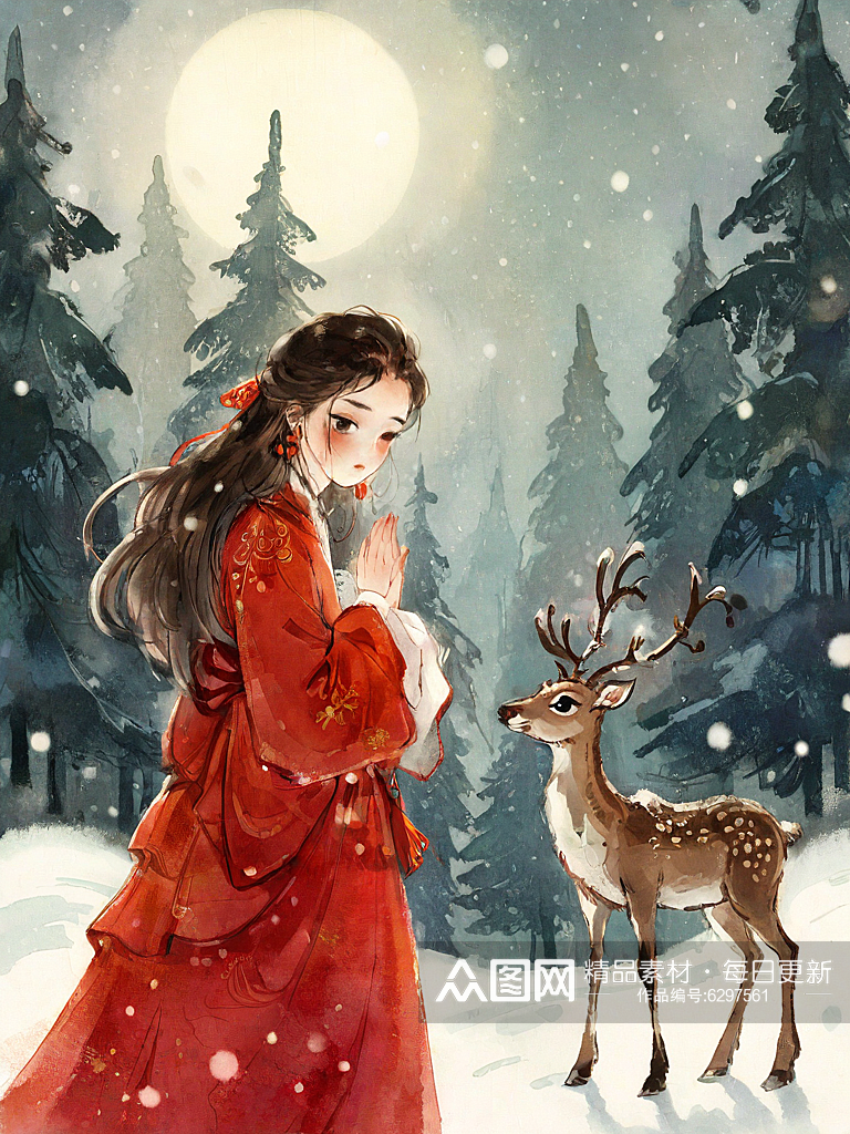 数字艺术国风国潮国画风鹿与女孩场景国画插素材下载-众图网