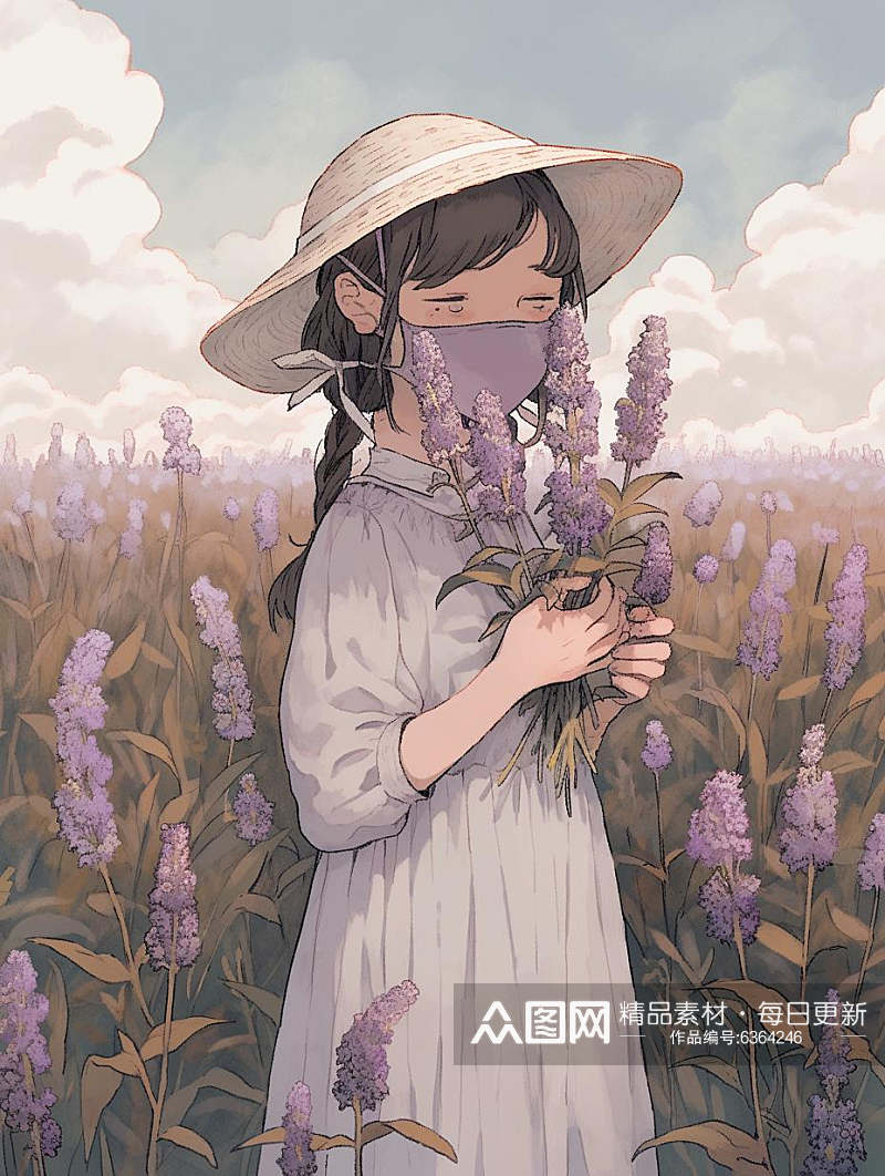 数字艺术人物插画装饰画薰衣草女孩手绘画素材